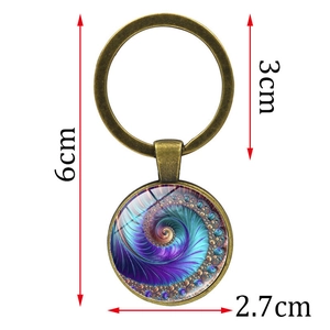 Fibonacci spiral glass keychain with bronze metal ring and colorful fractal pattern
