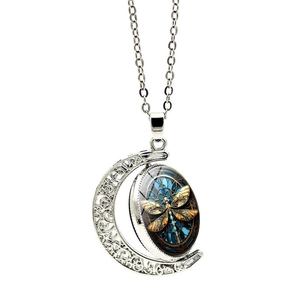 Steampunk dragonfly crescent moon necklace with blue glass dome and silver filigree
