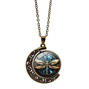 Vintage bronze dragonfly moon pendant necklace with double-sided rotating glass gem