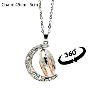 Collier pendentif lune rotatif avec colibri et rose, chaîne argent de 45+5cm