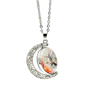 Collier avec pendentif lune rotatif motif colibri et rose en acier inoxydable