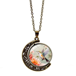 Collier vintage en bronze avec pendentif lune croissante colibri et fleur de rose