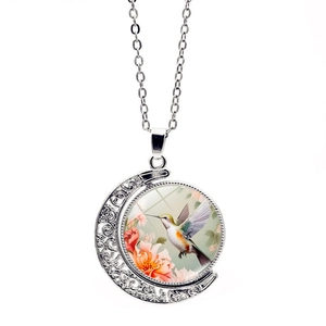 Collier Vintage en Alliage et Verre Colibri Fleur de Rose Pendentif Lune Rotatif à 360 Degrés Bijoux Gemme du Temps pour Femme