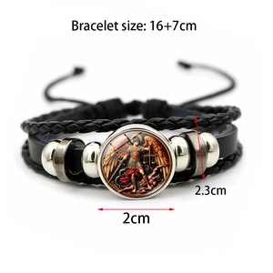 Archangel Michael multilayer black braided leather bracelet with vintage glass charm