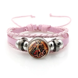Pink multilayer leather bracelet with Archangel Michael glass charm and metal beads