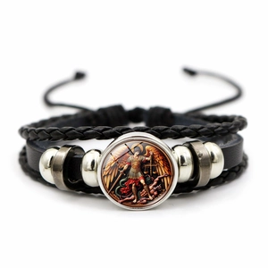 Archangel St Michael Religious Multilayer Braided Leather Bracelet Vintage Alloy Glass Dome Adjustable Men Women Jewelry
