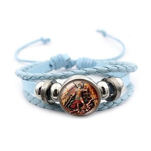 Sky blue layered leather bracelet with Archangel Michael glass charm and silver beads