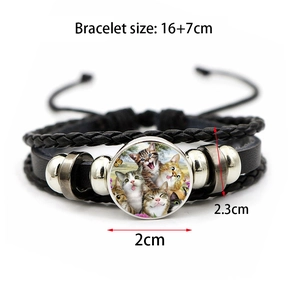Bracciale multistrato in pelle intrecciata con motivo gatto vintage e catena regolabile