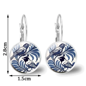 Vintage silver earrings with bird and leaf cabochon charms, 2.8cm long drop hook style