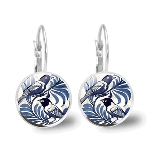 Vintage bird time gem earrings with blue birds and tropical leaves on French hooks