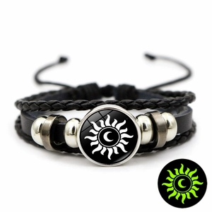 Luminous sun and moon leather wrap bracelet with vintage beads and dark glow effect