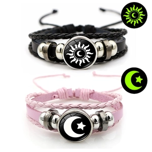 Luminous sun and moon multi-layer braided leather bracelets for couples in black and pink