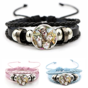 Divertente Braccialetto in Pelle Intrecciata Multistrato con Motivo Gatto Vintage Fatto a Mano Cabochon in Vetro Regolabile Gioielli Unisex