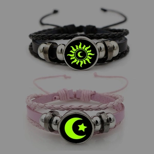 Luminous Sun Moon Vintage Leather Bracelet Handwoven Multilayer Braided Couple Jewelry Glow In The Dark Glass Cabochon Wristband