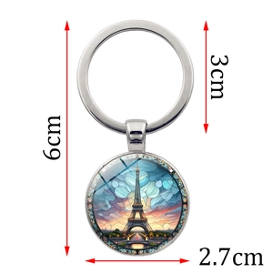 Silver Eiffel Tower art pendant keychain with dimensions 6cm length and 3cm ring diameter