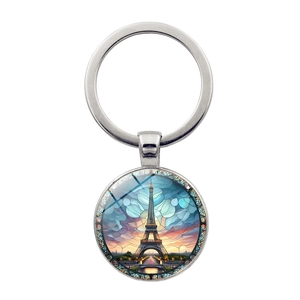 Vintage Eiffel Tower Metal Keychain Paris Art Stained Glass Pendant Zinc Alloy Key Ring For Bag Charm Women Men Gift