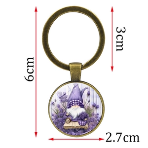 Lavender gnome keychain with purple plaid hat in bronze alloy vintage style metal ring