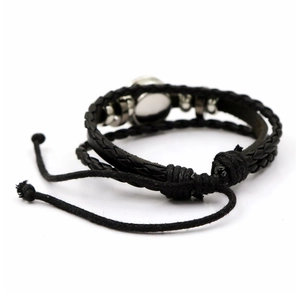 Handmade multilayer braided black leather bracelet with silver bigfoot metal medallion