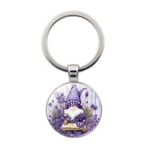 Purple Lavender Gnome Keychain For Women Men Zinc Alloy Glass Cabochon Keyring Vintage Bronze Silver Dwarf Bag Pendant Gift