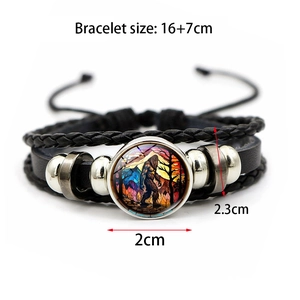 Detailed view of handmade multilayer leather bracelet with Bigfoot pendant and size labels