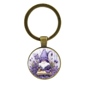 Vintage bronze gnome keychain with purple lavender illustration and round glass cabochon