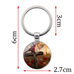 Cardinal bird and cross faith glass keychain with silver metal ring and 6cm size marks