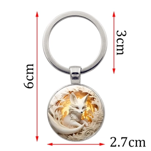 Portachiavi con volpe bianca in vetro e anello in metallo con design stile carta 3D