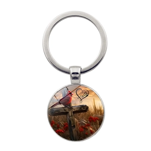 Cardinal Bird Cross Keychain Faith Heart Design Zinc Alloy Glass Pendant Keyring For Bags Car Religious Jewelry Gift Unisex