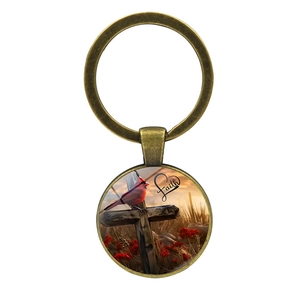 Vintage cardinal bird and cross keychain with faith heart text in bronze finish