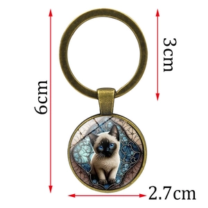 Cute Siamese cat glass dome keychain with blue eyes and bronze metal round pendant