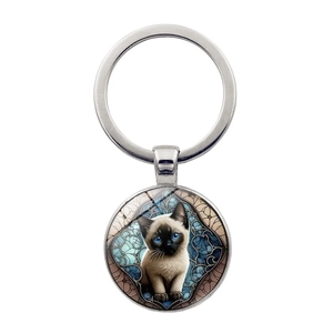 Cute Siamese Cat Pattern Round Zinc Alloy Keychain Vintage Stained Glass Design Retro Bag Pendant Metal Key Ring For Unisex