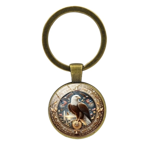 Vintage American Eagle bronze keychain with flag pattern and glass cabochon pendant