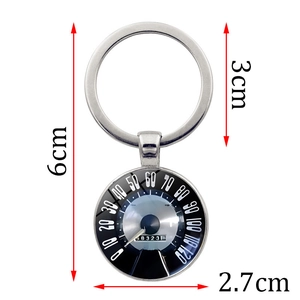 Silver motorcycle speedometer keychain for men with detailed size measurements