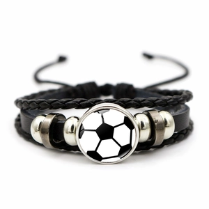 Bracelet de Football Unisexe en Cuir Tressé Multicouche Punk Rétro Bracelet de Sport Avec Cabochon en Verre Bijoux Quotidiens