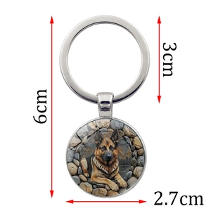 German Shepherd glass gem keychain with silver metal ring and artistic dog illustration