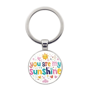 You Are My Sunshine Porte-Clés en Métal Rond Verre Gemme du Temps Pendentif Alliage de Zinc Vintage Argent Bronze