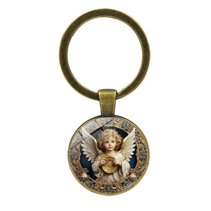 Porte-clés ange vintage en bronze avec illustration de Cupidon et motifs dorés
