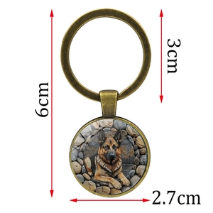German Shepherd glass cabochon keychain in bronze metal with detailed size specifications