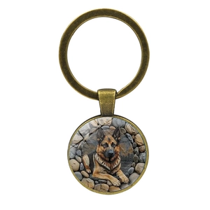 German Shepherd dog portrait glass cabochon keychain in vintage bronze metal finish