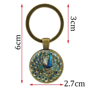 Peacock pattern glass cabochon keychain with bronze metal base dimensions guide