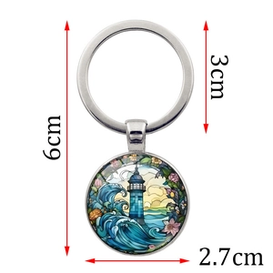 Lighthouse and ocean waves glass gem keychain in silver metal finish 6cm total length