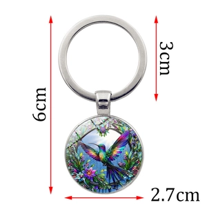 Colorful hummingbird glass cabochon keychain with silver alloy ring and measurements