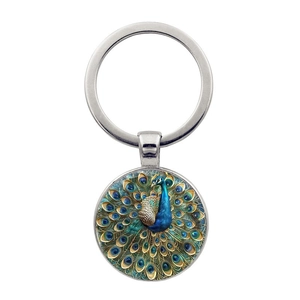 Vintage Peacock Open Tail Time Gem Metal Keychain Round Glass Pendant Zinc Alloy Key Ring For Women Men Bag Charm Decor
