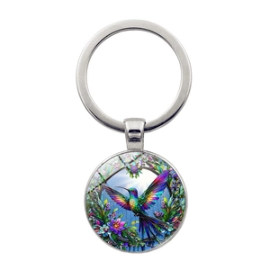 Hummingbird Stained Glass Style Time Gem Metal Keychain Colorful Bird Flower Zinc Alloy Glass Key Ring Art Pendant Jewelry Gift