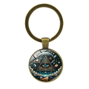 Porte-clés bronze vintage avec pyramide mystique et pendentif en verre de l'œil