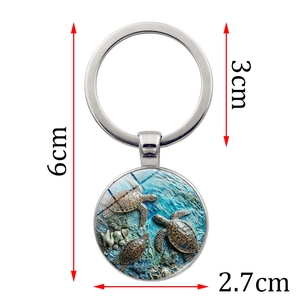 Creative sea turtle glass dome keychain pendant in silver metal ring for bags