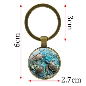 Bronze sea turtle keychain with 3D ocean scene pendant for bags and key rings