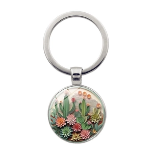 Portachiavi Fiore di Cactus Succulento in Lega di Zinco Pendente Cabochon in Vetro per Borsa Auto Donna Uomo Regalo Gioielli