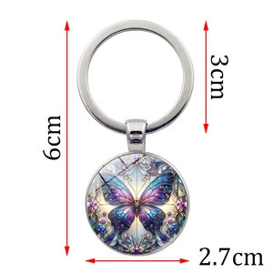 Butterfly glass cabochon keychain with purple patterns and silver metal ring 6cm