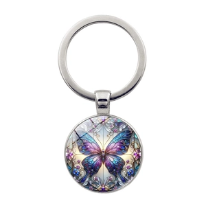 Vintage Butterfly Glass Cabochon Keychain Zinc Alloy Metal Keyring Artistic Butterfly Pattern Bag Charm Jewelry Creative Gift